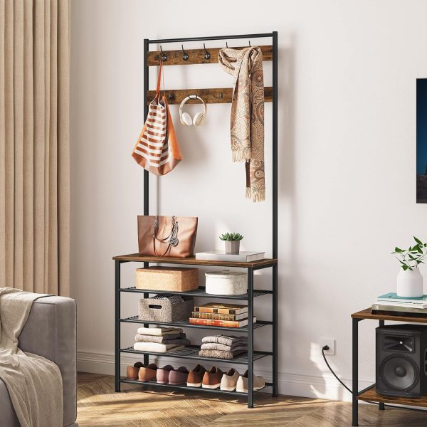 HOOBRO Hall Tree, Coat Rack with Shoe Rack, Hall Tree with Bench, 5 Tier Shoe Storage Organizer with 9 Hooks for Entryway, Closet, Sturdy, Industrial, Rustic Brown and Black BF80MT01G2 - Image 5