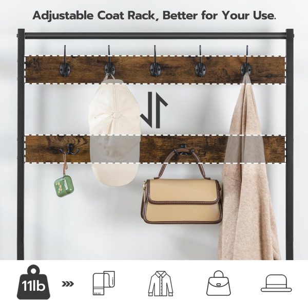 HOOBRO Hall Tree, Coat Rack with Shoe Rack, Hall Tree with Bench, 5 Tier Shoe Storage Organizer with 9 Hooks for Entryway, Closet, Sturdy, Industrial, Rustic Brown and Black BF80MT01G2 - Image 6
