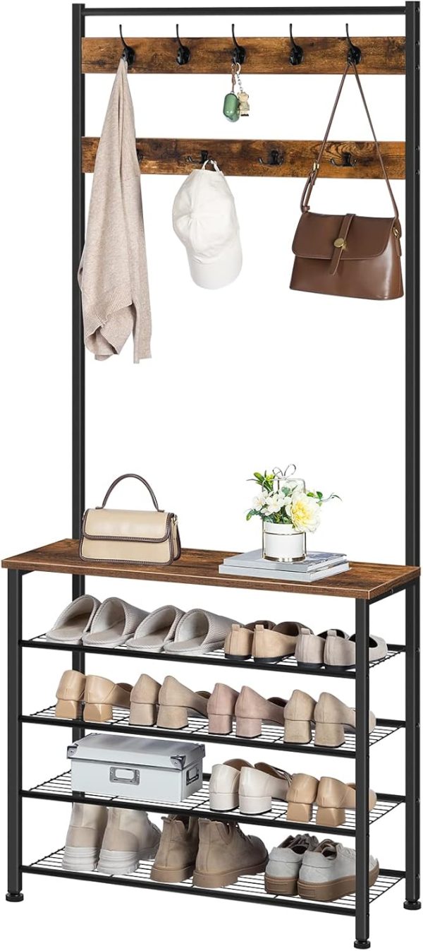 HOOBRO Hall Tree, Coat Rack with Shoe Rack, Hall Tree with Bench, 5 Tier Shoe Storage Organizer with 9 Hooks for Entryway, Closet, Sturdy, Industrial, Rustic Brown and Black BF80MT01G2 - Image 8
