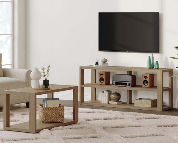 SICOTAS TV Stand and Coffee Table Set of 2 - Farmhouse Wood TV Console Table Entertainment Center Table with Open Storage Shelves Rectangle Center Table Wood Look Accent Table for Living Room