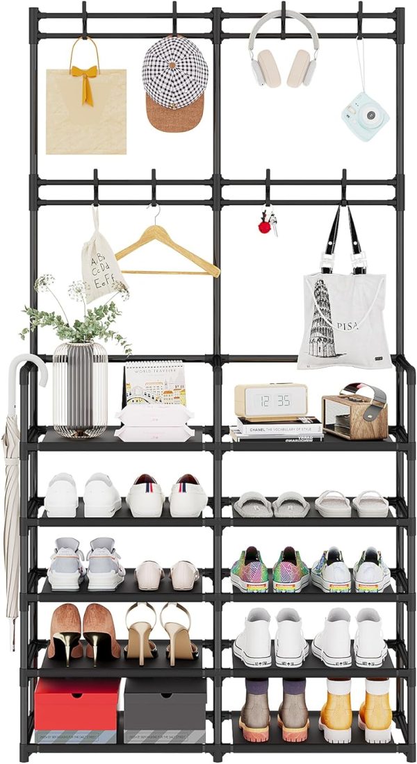 UDEAR 5-Tier Coat and Shoe Rack, Entryway Coat Rack with 8 Hooks, Double Row Shoes Organizer for Living Room, Bedroom, Office, Black - Image 2