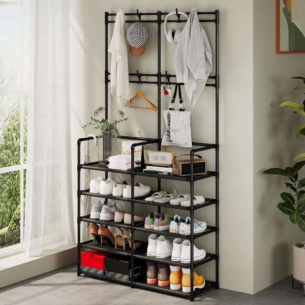 UDEAR 5-Tier Coat and Shoe Rack, Entryway Coat Rack with 8 Hooks, Double Row Shoes Organizer for Living Room, Bedroom, Office, Black - Image 3