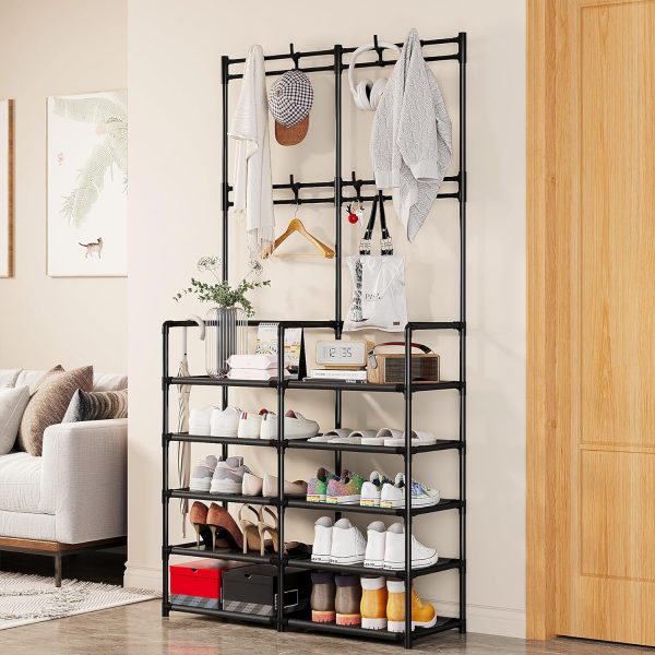UDEAR 5-Tier Coat and Shoe Rack, Entryway Coat Rack with 8 Hooks, Double Row Shoes Organizer for Living Room, Bedroom, Office, Black - Image 4