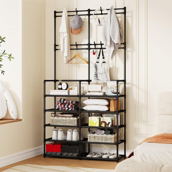 UDEAR 5-Tier Coat and Shoe Rack, Entryway Coat Rack with 8 Hooks, Double Row Shoes Organizer for Living Room, Bedroom, Office, Black - Image 5