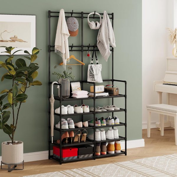 UDEAR 5-Tier Coat and Shoe Rack, Entryway Coat Rack with 8 Hooks, Double Row Shoes Organizer for Living Room, Bedroom, Office, Black - Image 6