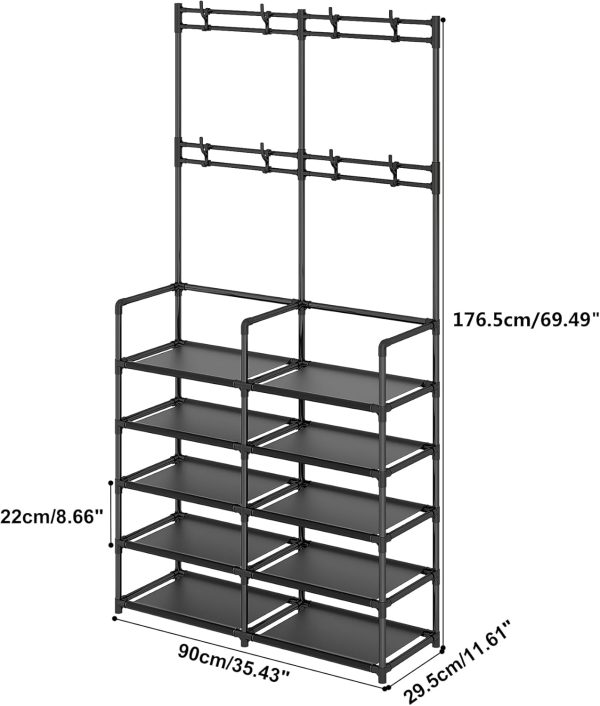 UDEAR 5-Tier Coat and Shoe Rack, Entryway Coat Rack with 8 Hooks, Double Row Shoes Organizer for Living Room, Bedroom, Office, Black - Image 7