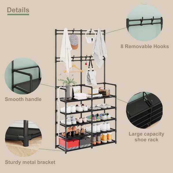 UDEAR 5-Tier Coat and Shoe Rack, Entryway Coat Rack with 8 Hooks, Double Row Shoes Organizer for Living Room, Bedroom, Office, Black - Image 9