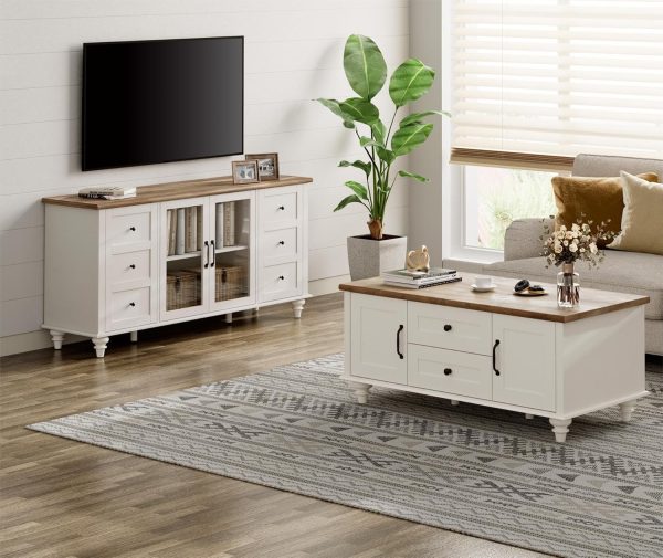 WAMPAT Farmhouse TV Stand and Coffee Table Set of 2, Entertainment Center for 70 Inch TV, Modern Coffee Table with Storage Cabinet, 2 Piece Living Room Table Set, White