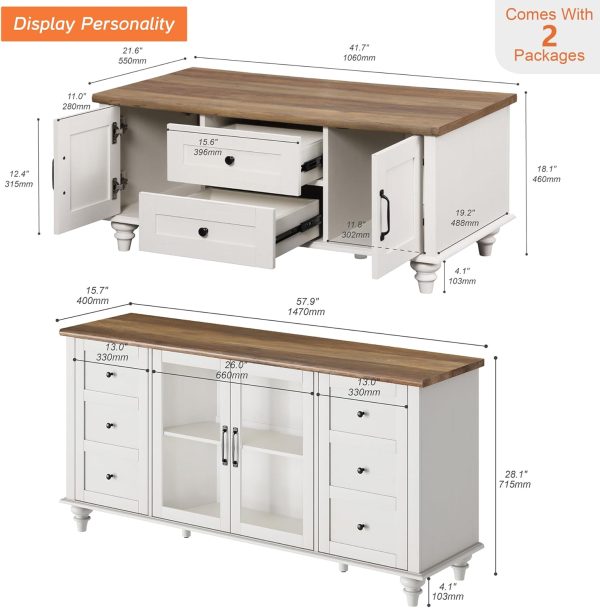 WAMPAT Farmhouse Sliding Barn Door TV Stand and Coffee Table Set of 2, Entertainment Center for TVs Up to 65'', Square Wood Center Table with Gas Struts Lift-Top for Living Room, White - Image 2