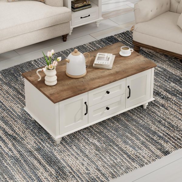 WAMPAT Farmhouse TV Stand and Coffee Table Set of 2, Entertainment Center for 70 Inch TV, Modern Coffee Table with Storage Cabinet, 2 Piece Living Room Table Set, White - Image 5