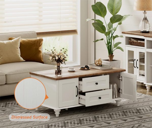 WAMPAT Farmhouse TV Stand and Coffee Table Set of 2, Entertainment Center for 70 Inch TV, Modern Coffee Table with Storage Cabinet, 2 Piece Living Room Table Set, White - Image 6