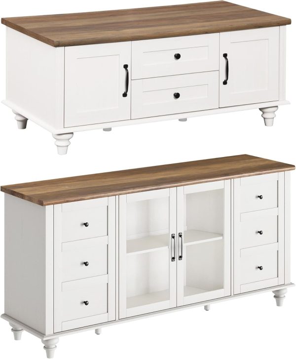 WAMPAT Farmhouse TV Stand and Coffee Table Set of 2, Entertainment Center for 70 Inch TV, Modern Coffee Table with Storage Cabinet, 2 Piece Living Room Table Set, White - Image 8