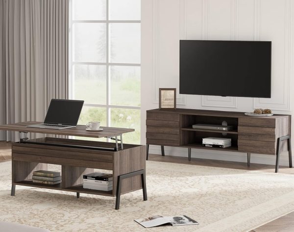 WAMPAT Modern 2 Piece Table Set for Living Room, Mid-Century Lift Top Coffee Table with Storage Shelf, 60 Inch TV Stand for 65 inch TV with Metal Legs for Home Office, Espresso