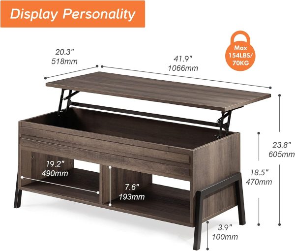 WAMPAT Modern 2 Piece Table Set for Living Room, Mid-Century Lift Top Coffee Table with Storage Shelf, 60 Inch TV Stand for 65 inch TV with Metal Legs for Home Office, Espresso - Image 7