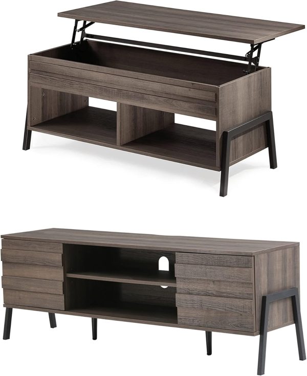 WAMPAT Modern 2 Piece Table Set for Living Room, Mid-Century Lift Top Coffee Table with Storage Shelf, 60 Inch TV Stand for 65 inch TV with Metal Legs for Home Office, Espresso - Image 9